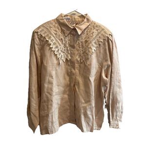 Vtg 70s Prairie Beige Button Up Blouse 20W Cali Lace Collar Long Sleeves Western